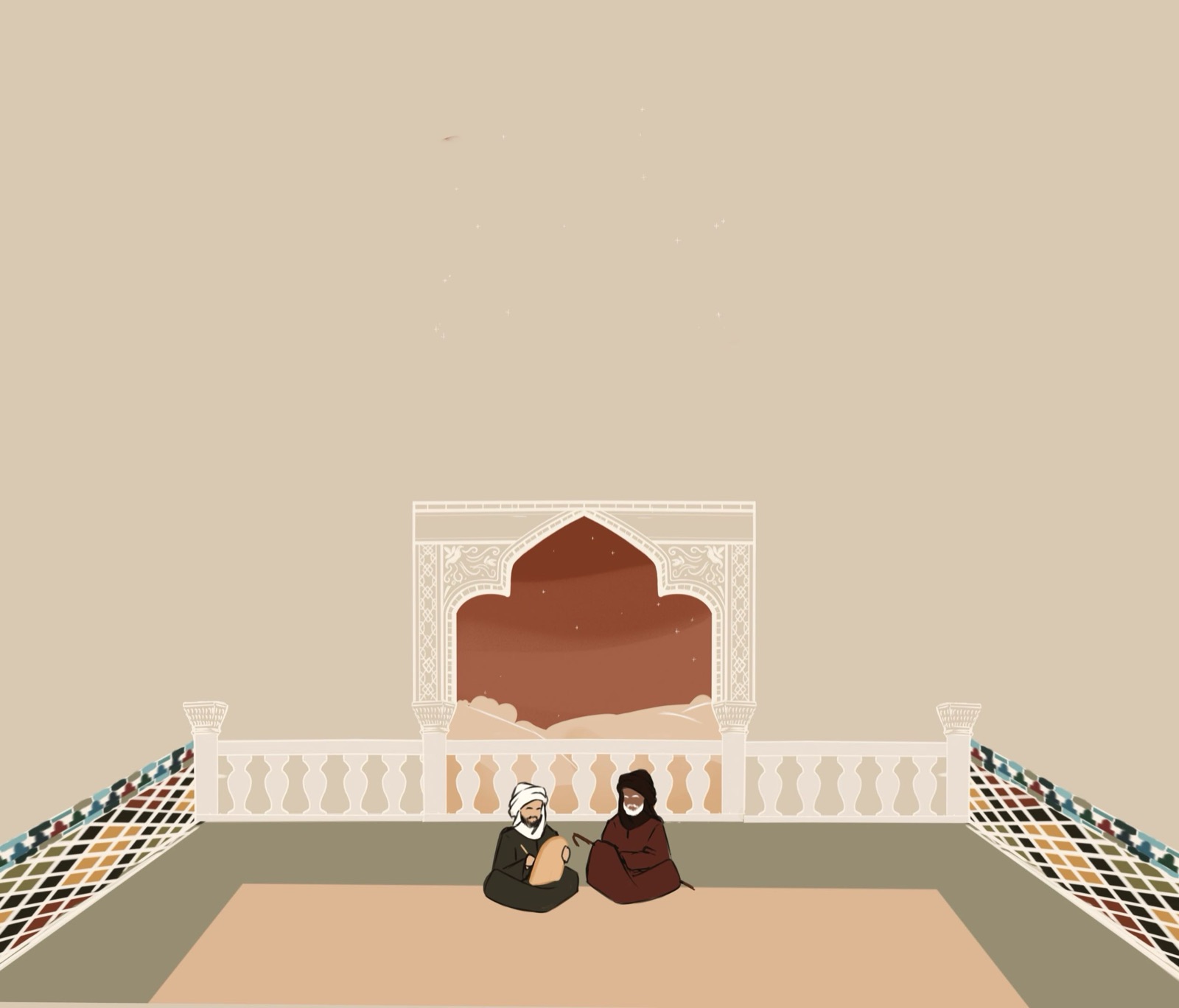 Two students sitting before an arch, one holding a wooden lawh